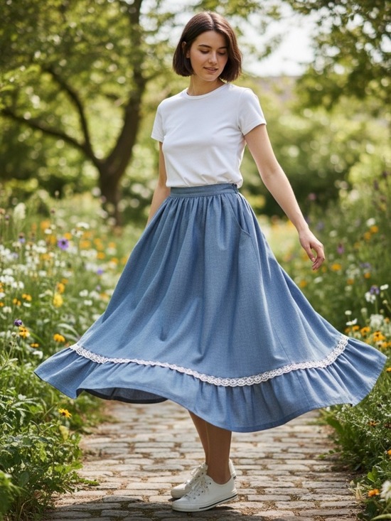 RT II Dresses & Skirts - 70s RTII COTTON BLUE CHAMBRAY & WHITE LACE COTTAGECORE COWGIRL MIDI SKIRT SZ S